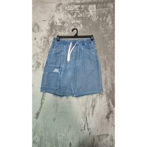 Peacebird Mens Blue Denim Cargo Shorts Elastic Waist Shark Bottom Patch 34